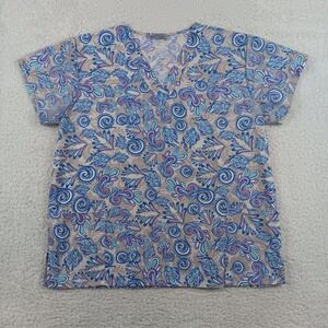 Wear For Care Scrub Top Women 1X Multicolor Paisley Floral V-Neck VW-5064P-1580